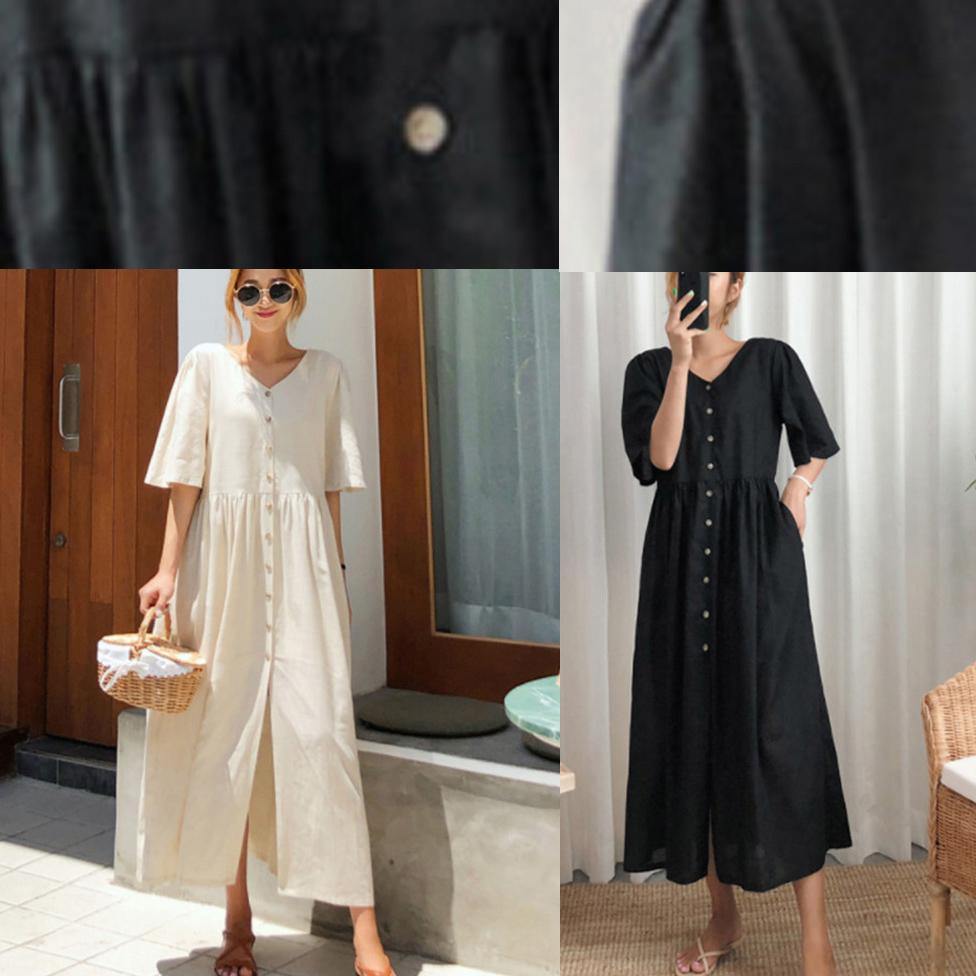 DIY black cotton linen Long Shirts v neck flare sleeve Art summer Dresses - SooLinen