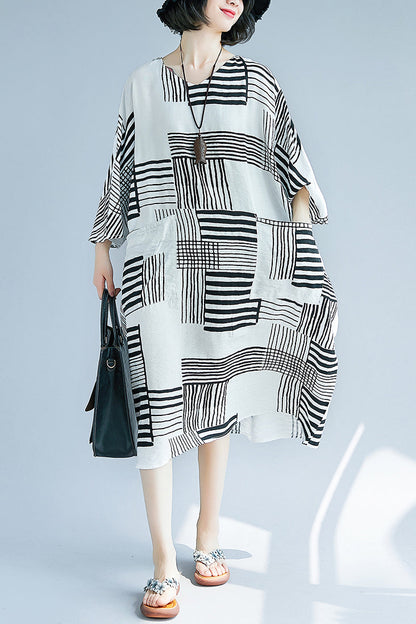 DIY black cotton linen clothes Korea design o neck pockets Knee Summer Dresses