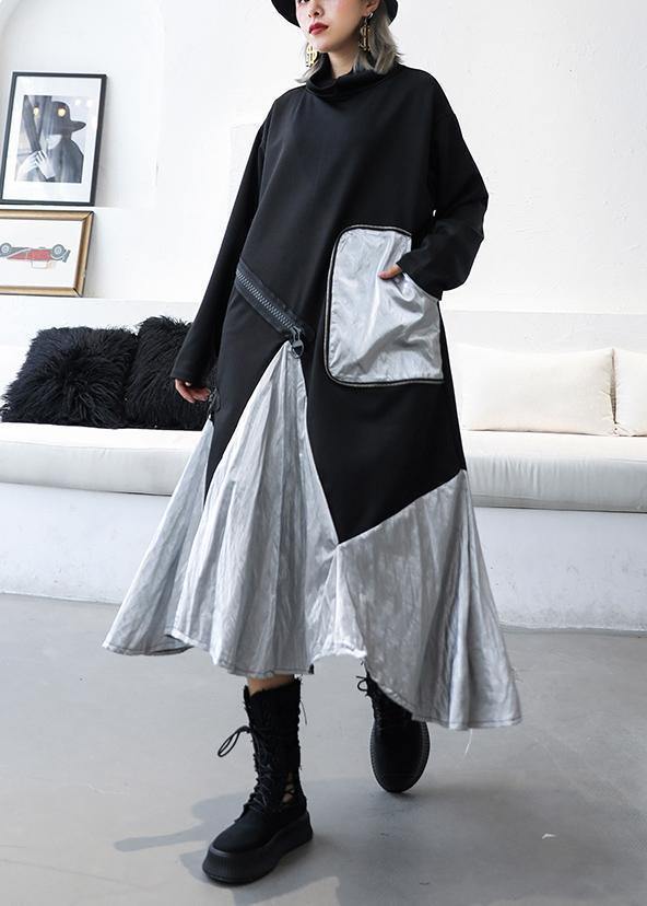 DIY black cotton quilting clothes patchwork high neck Maxi Dress - SooLinen