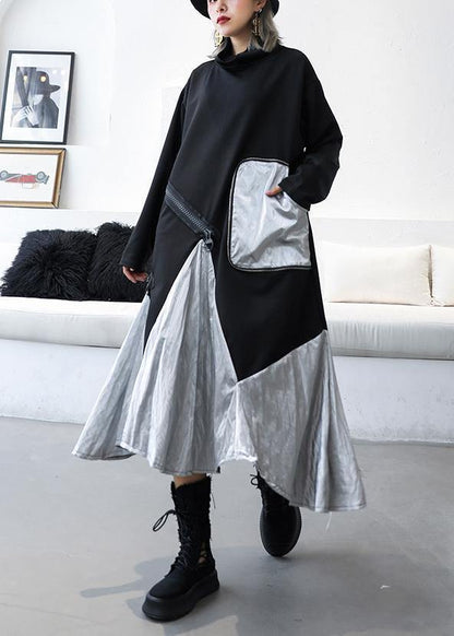 DIY black cotton quilting clothes patchwork high neck Maxi Dress - SooLinen