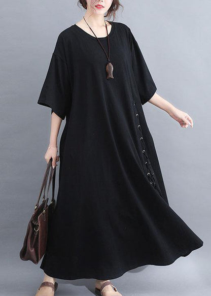 DIY black half sleeve cotton quilting dresses big hem summer Dresses - SooLinen