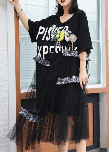 DIY black patchwork cotton quilting dresses asymmetric A Line summer Dress - SooLinen