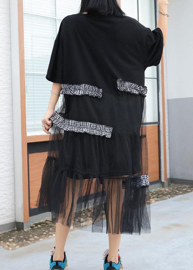 DIY black patchwork cotton quilting dresses asymmetric A Line summer Dress - SooLinen