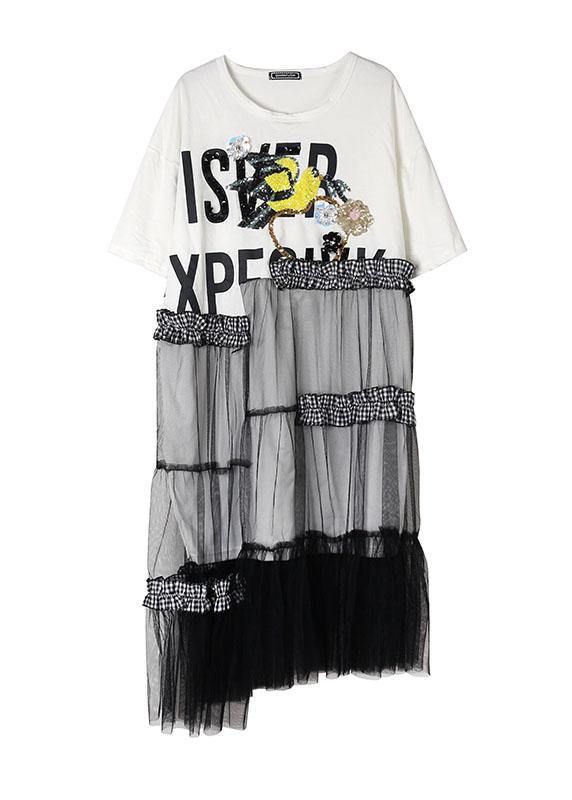 DIY black patchwork cotton quilting dresses asymmetric A Line summer Dress - SooLinen