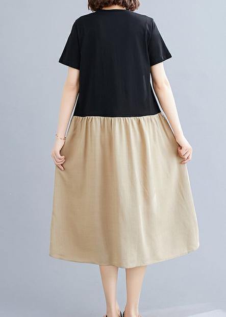 DIY black patchwork khaki Cotton clothes For Women o neck A Line  Dresses - SooLinen