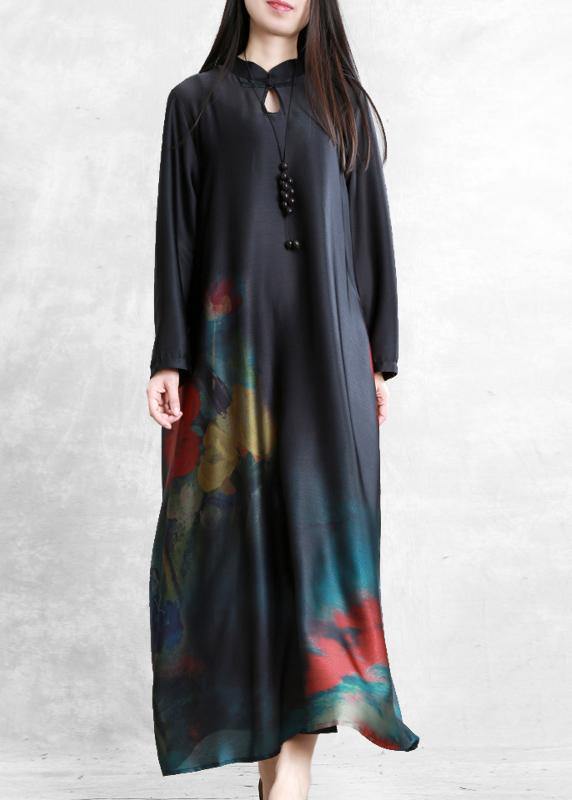 DIY black print Robes stand collar Chinese Button Dress - SooLinen