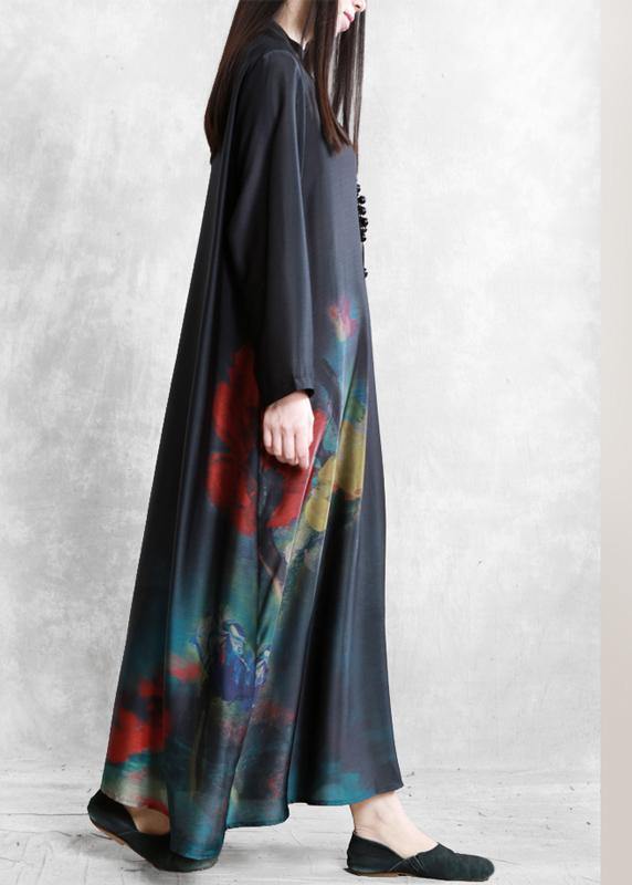 DIY black print Robes stand collar Chinese Button Dress - SooLinen