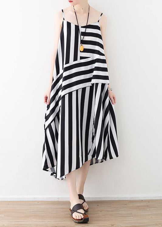 DIY black striped quilting dresses Spaghetti Strap asymmetric Plus Size Dresses - SooLinen