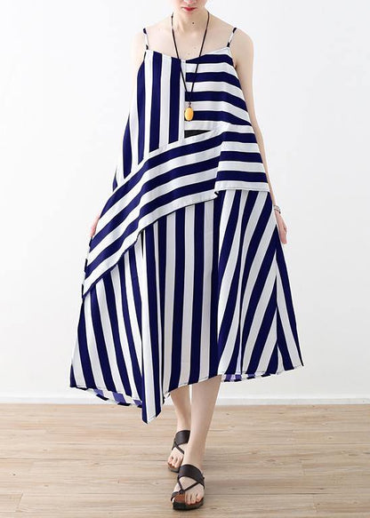 DIY black striped quilting dresses Spaghetti Strap asymmetric Plus Size Dresses - SooLinen