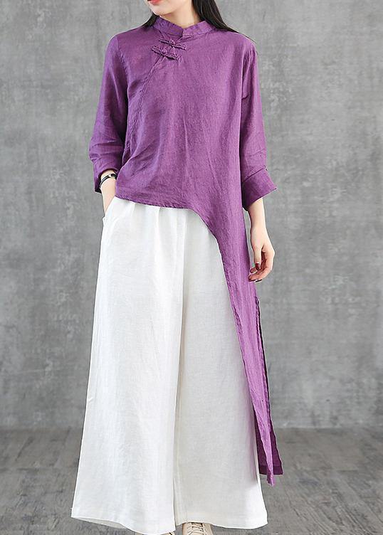 DIY blue linen Robes stand collar asymmetric Robe Dress - SooLinen