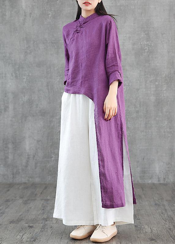 DIY blue linen Robes stand collar asymmetric Robe Dress - SooLinen