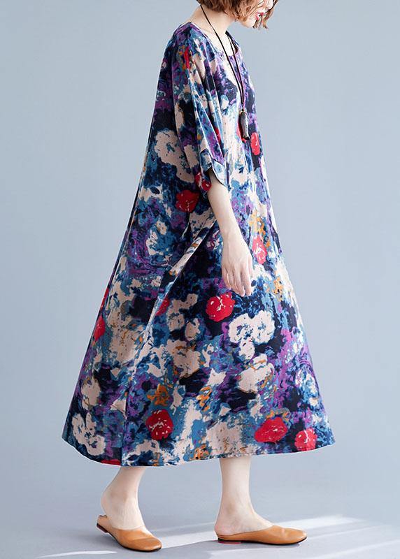 DIY blue prints linen Long Shirts o neck Love summer Dresses - SooLinen