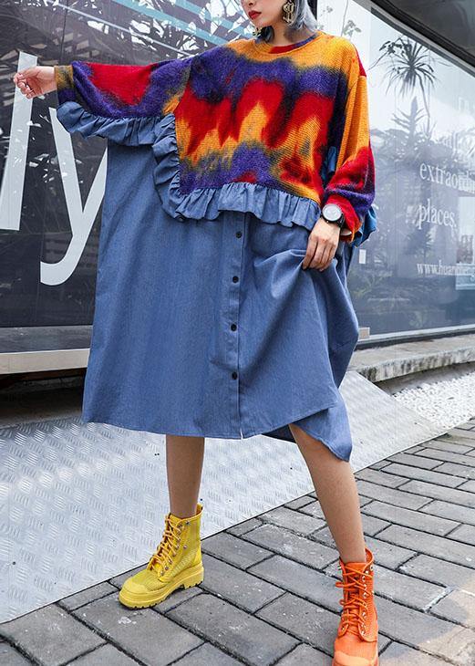 DIY blue ruffles cotton dresses patchwork Plus Size fall Dresses - SooLinen