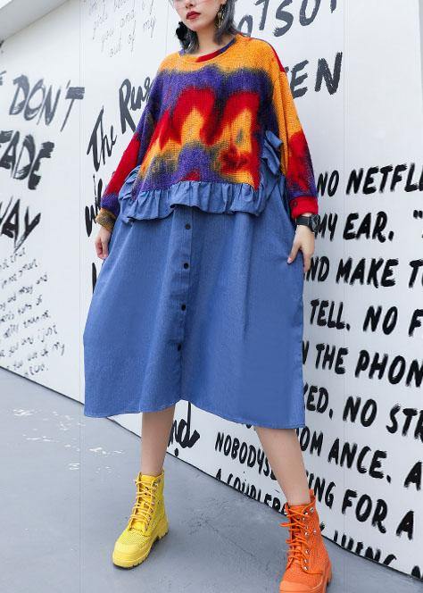 DIY blue ruffles cotton dresses patchwork Plus Size fall Dresses - SooLinen