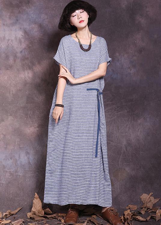 DIY blue striped cotton linen Robes tie waist Maxi summer Dress - SooLinen