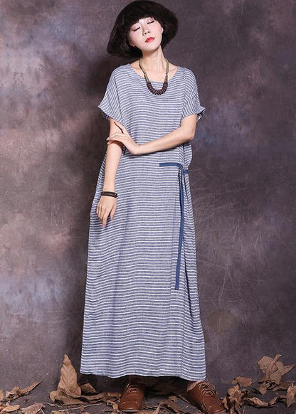 DIY blue striped cotton linen Robes tie waist Maxi summer Dress - SooLinen