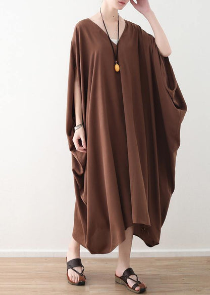DIY chocolate silk Robes Pakistani Sewing v neck Kaftan summer Dresses - SooLinen