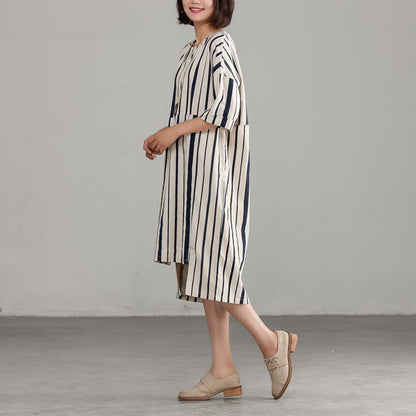 DIY Chiffon clothes For Women 2025 Round Neck Chiffon Stripe Loose Dress