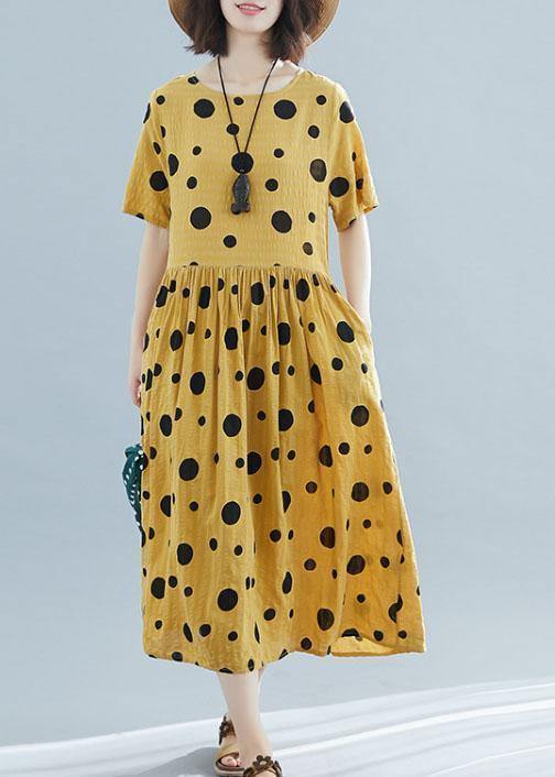 DIY dotted short sleeve linen tunic dress Shirts yellow o neck Dresses summer - SooLinen