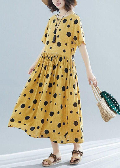 DIY dotted short sleeve linen tunic dress Shirts yellow o neck Dresses summer - SooLinen