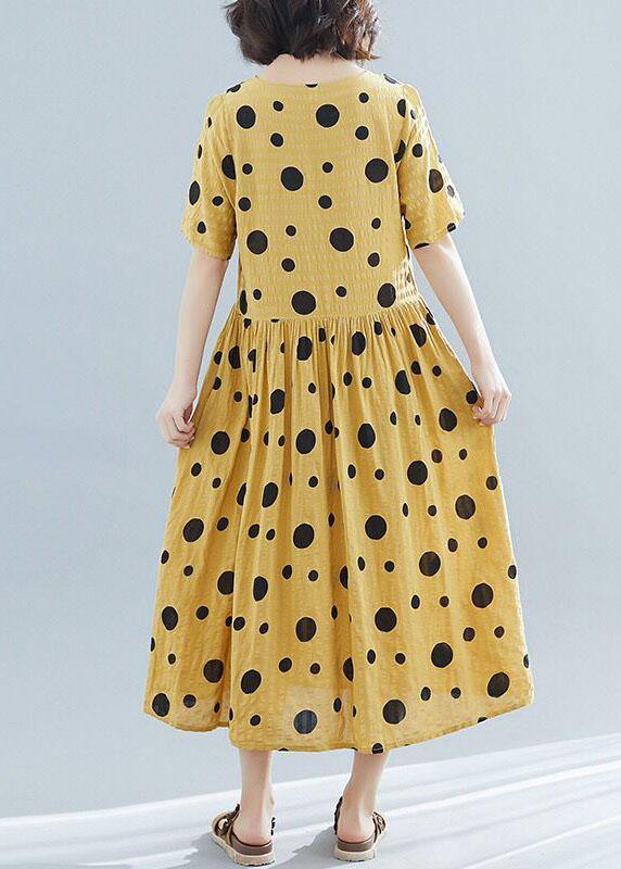 DIY dotted short sleeve linen tunic dress Shirts yellow o neck Dresses summer - SooLinen