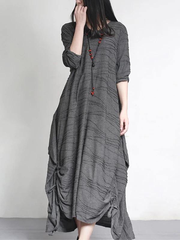 DIY gray Cotton outfit v neck Cinched A Line spring Dress - SooLinen