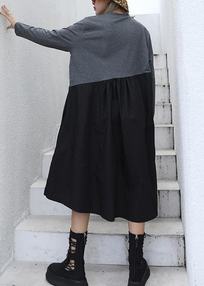 DIY gray cotton quilting dresses patchwork tassel Maxi o neck Dresses - SooLinen