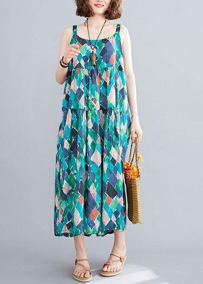 DIY green print cotton linen dress Spaghetti Strap patchwork A Line summer Dress - SooLinen