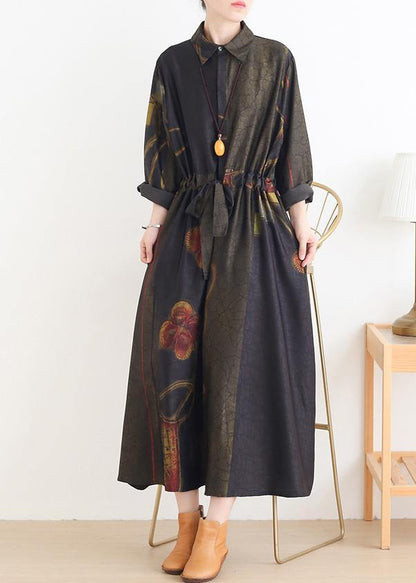 DIY green print dresses lapel drawstring Art Dress - SooLinen