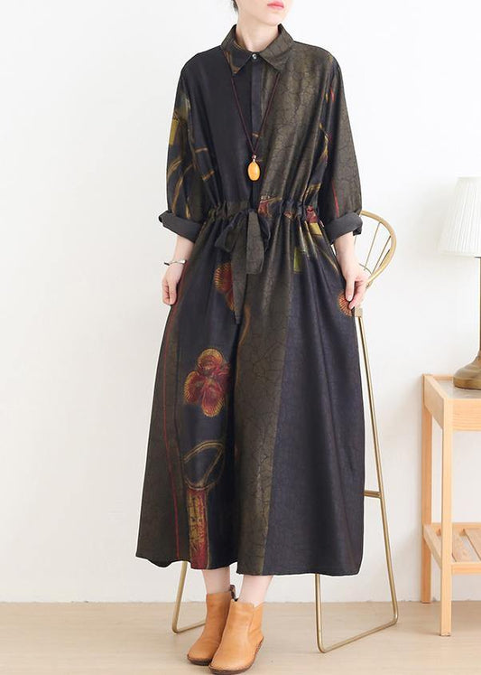 DIY green print dresses lapel drawstring Art Dress - SooLinen