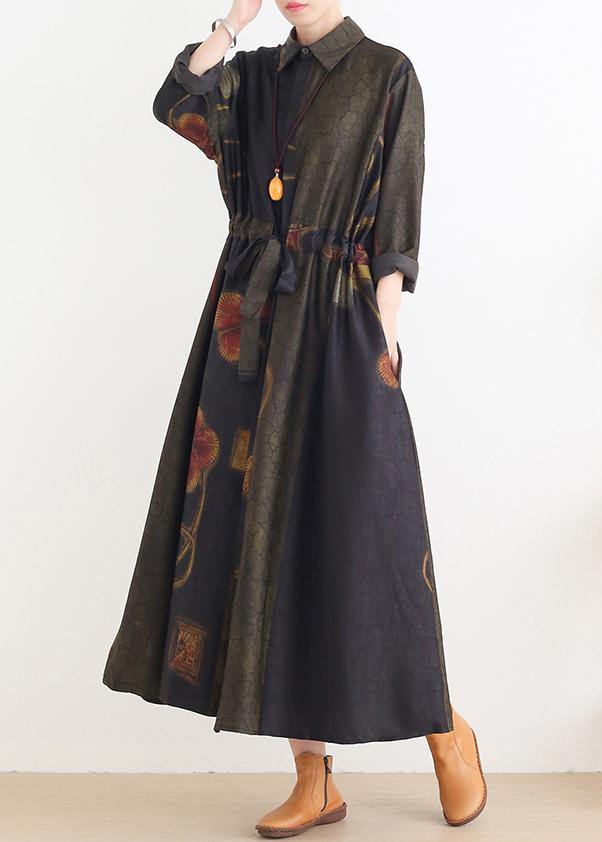 DIY green print dresses lapel drawstring Art Dress - SooLinen