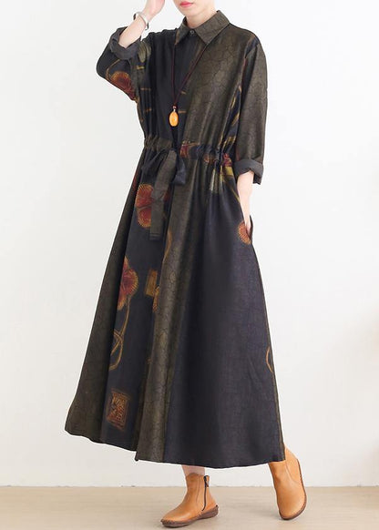 DIY green print dresses lapel drawstring Art Dress - SooLinen