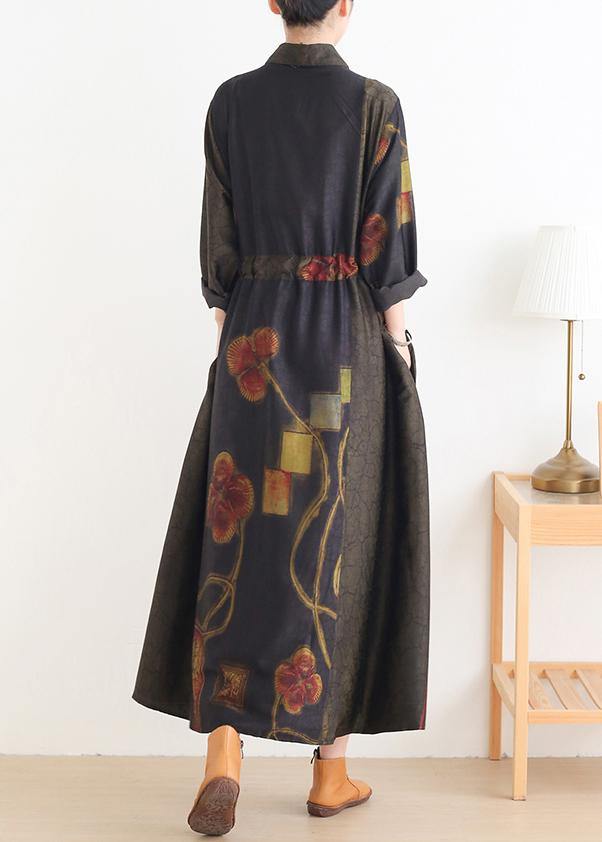 DIY green print dresses lapel drawstring Art Dress - SooLinen