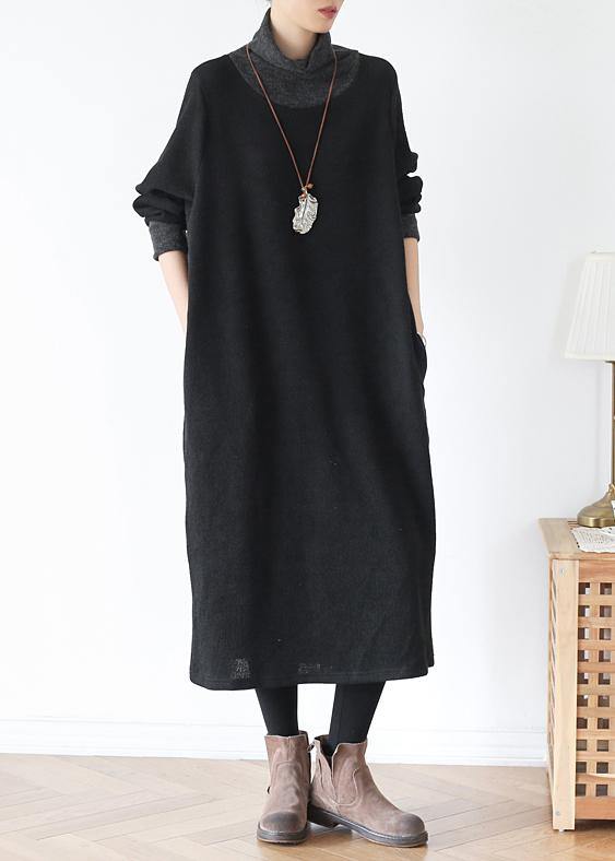 DIY high neck patchwork Tunics Inspiration black loose Dresses - SooLinen