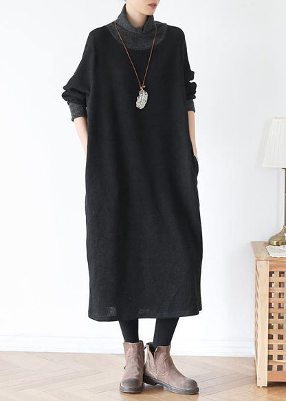 DIY high neck patchwork Tunics Inspiration black loose Dresses - SooLinen