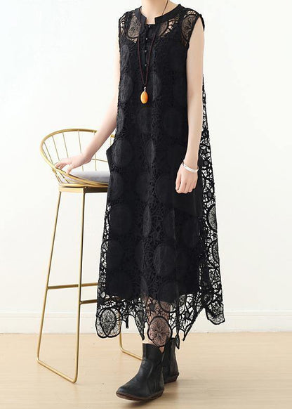 DIY hollow out cotton Long Shirts Runway black sleeveless Art Dress summer - SooLinen