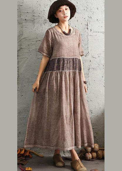 DIY khaki patchwork cotton linen clothes For Women short sleeve long summer Dress - SooLinen