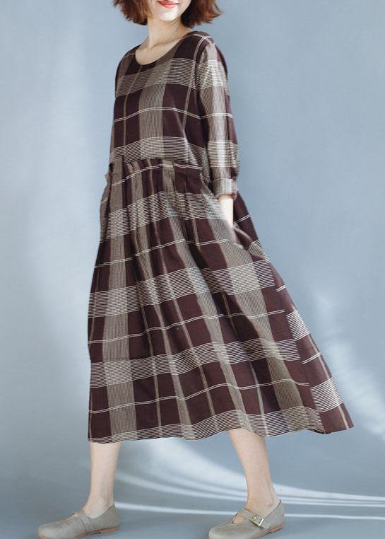 DIY khaki plaid cotton quilting dresses patchwork Robe summer Dress - SooLinen