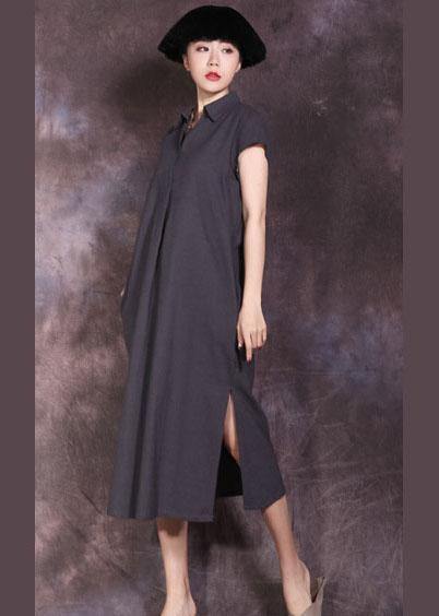 DIY lapel collar linen cotton dress Work Outfits black side open Dress summer - SooLinen