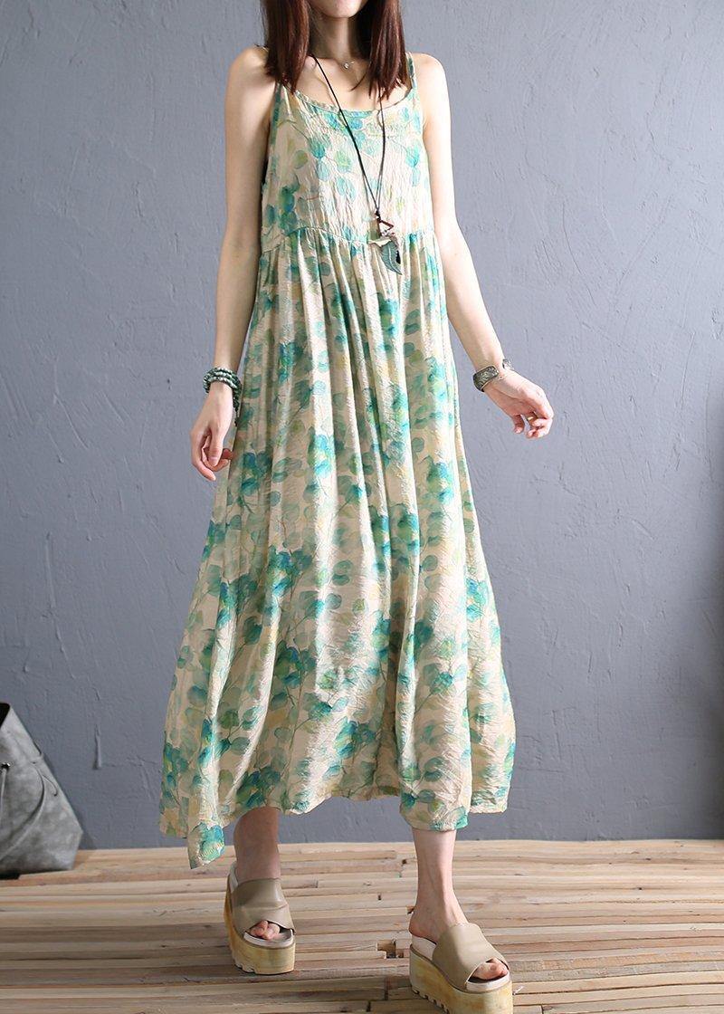 DIY light green print cotton dress Spaghetti Strap Robe summer Dresses - SooLinen