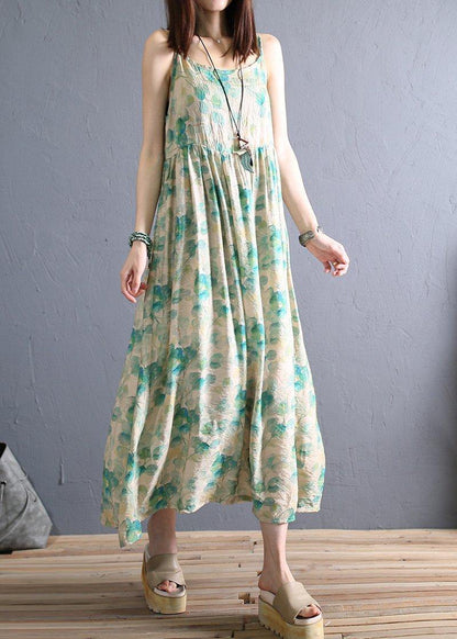 DIY light green print cotton dress Spaghetti Strap Robe summer Dresses - SooLinen
