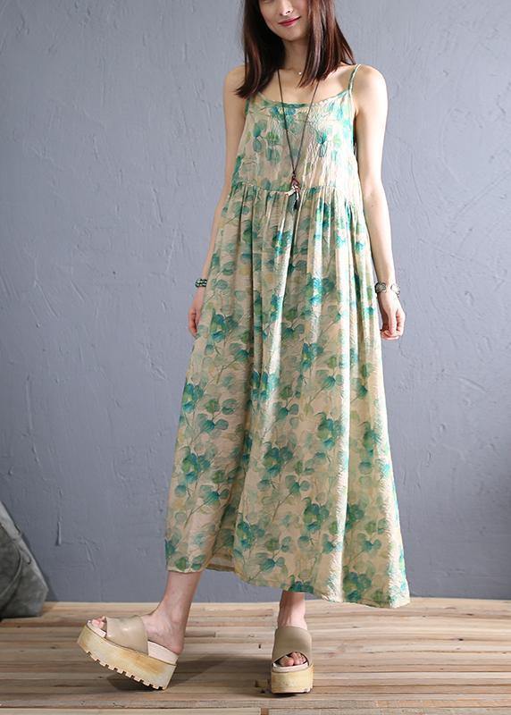 DIY light green print cotton dress Spaghetti Strap Robe summer Dresses - SooLinen