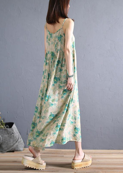 DIY light green print cotton dress Spaghetti Strap Robe summer Dresses - SooLinen