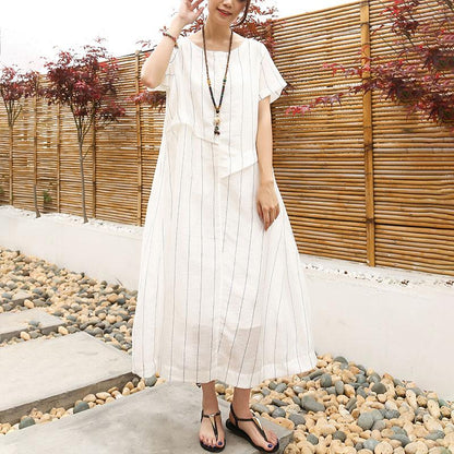 DIY linen quilting dresses Casual Linen Cotton Women Short Sleeve Stripe White Dress