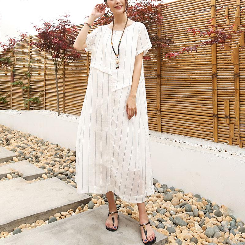 DIY linen quilting dresses Casual Linen Cotton Women Short Sleeve Stripe White Dress