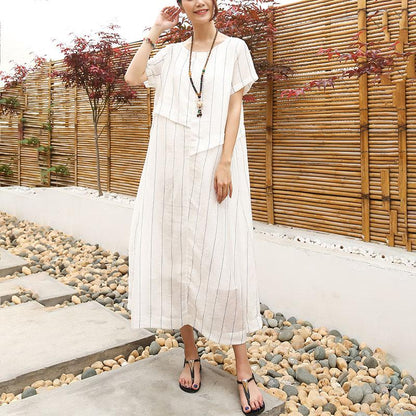 DIY linen quilting dresses Casual Linen Cotton Women Short Sleeve Stripe White Dress