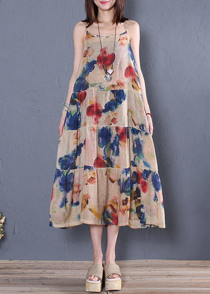 DIY navy print cotton dress Spaghetti Strap patchwork A Line summer Dress - SooLinen