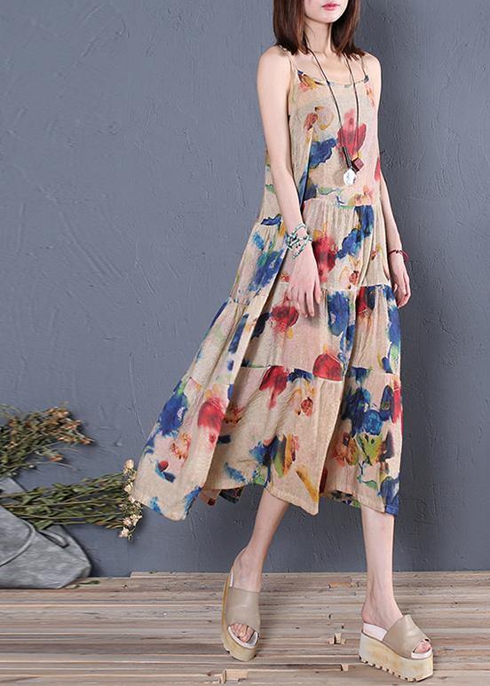 DIY navy print cotton dress Spaghetti Strap patchwork A Line summer Dress - SooLinen