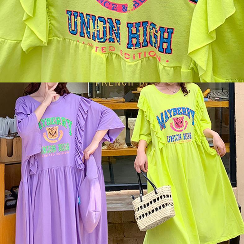 DIY o neck Ruffles clothes Outfits purple Cartoon print long Dress - SooLinen
