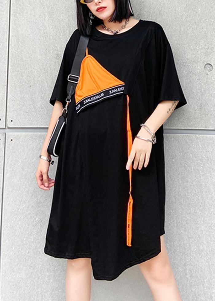 DIY o neck asymmetric Cotton summer outfit Sewing black Dresses - SooLinen